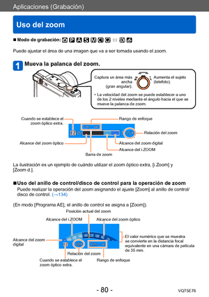 Page 80Aplicaciones (Grabación)
Uso del zoom
VQT5E76- 80 -
 ■Modo de grabación: 
Puede ajustar el área de una imagen que va a ser tomada usando el zoom. 
Mueva la palanca del zoom.
Captura un área más ancha 
(gran angular). Aumenta el sujeto 
(telefoto).
 • La velocidad del zoom se puede establecer a uno 
de los 2 niveles mediante el ángulo hacia el que se 
mueve la palanca de zoom.
Cuando se establece el  zoom óptico extra.
Alcance del zoom óptico
Barra de zoom Alcance del zoom digitalAlcance del i.ZOOM...
