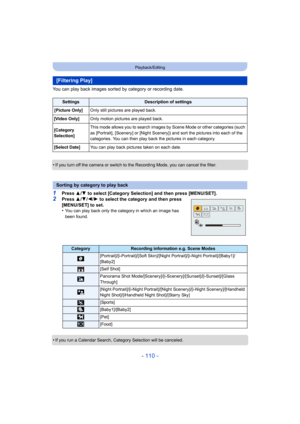 Page 110- 110 -
Playback/Editing
You can play back images sorted by category or recording date.
•
If you turn off the camera or switch to the Recording Mode, you can cancel the filter.
1Press 3/4  to select [Category Selection] and then press [MENU/SET].
2Press  3/4 /2/ 1 to select the category and then press 
[MENU/SET] to set.
•
You can play back only the category in which an image has 
been found.
•If you run a Calendar Search, Category Selection will be cancel ed.
[Filtering Play]
SettingsDescription of...