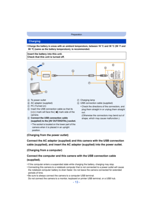 Page 13- 13 -
Preparation
•Charge the battery in areas with an ambient temperature, between 10oC and 30 oC (50  oF and 
86  oF) (same as the battery temperature), is recommended.
(Charging from the power outlet)
Connect the AC adaptor (supplied) and this camera with the USB  connection 
cable (supplied), and insert the AC adaptor (supplied) into the  power outlet.
(Charging from a computer)
Connect the computer and this camera with the USB connection ca ble 
(supplied).
•If the computer enters a suspended state...