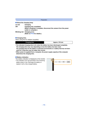 Page 14- 14 -
Preparation
∫About the charging lamp
∫ Charging time
When using the AC adaptor (supplied)
•
The indicated charging time is for when the battery has been discharged completely.
The charging time may vary depending on how the battery has been used.
The charging time for the battery in hot/cold environments or a  battery that has not been 
used for a long time may be longer than normal.
•When power is supplied from a computer, the power supply capaci ty of the computer 
determines the charging time....