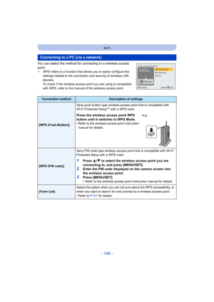 Page 146- 146 -
Wi-Fi
You can select the method for connecting to a wireless access 
point.
¢WPS refers to a function that allows you to easily configure th e 
settings related to the connection and security of wireless LAN  
devices.
To check if the wireless access point you are using is compatib le 
with WPS, refer to the manual of the wireless access point.
Connecting to a PC (via a network)
Connection methodDescription of settings
[WPS (Push-Button)] Save push button type wireless access point that is...