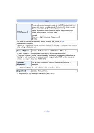 Page 154- 154 -
Wi-Fi
•For details on how to enter characters, refer to “Entering Text” section on P90.
•Make a copy of password.
If you forget the password, you can reset it with [Reset Wi-Fi Settings] in the [Setup] menu, however 
other settings will also be reset.
•A “MAC Address” is a unique address that is used to identify ne twork equipment.
•“IP Address” refers to a number that identifies a PC connected to a network such as the Internet. 
Usually, the addresses for homes are automatically assigned by  the...
