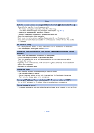Page 169- 169 -
Others
[Failed to connect wireless access point]/[Connection failed]/[No destination found]
•
Check following regarding the wireless access point.–The wireless access point information set on this unit is wrong .
Check the authentication type, encryption type, and encryption  key. (P147)
–Power of the wireless access point is not turned on.–Setting of the wireless access point is not supported by this unit.
•Check the network setting of the destination.•Radio waves from other devices may block...