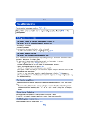 Page 170- 170 -
Others
Troubleshooting
First, try out the following procedures (P170–181) .
•
The battery is exhausted.
> Charge the battery.
•If you leave the camera on, the battery will be exhausted.
>Turn the camera off frequently by using the [Economy].  (P47)
•If the camera should stop responding or stop working correctly  in other ways, remove the battery, 
re-insert it, and turn on the camera again.
•We recommend that you keep the following points in mind when us ing the camera:
–Before using the card,...