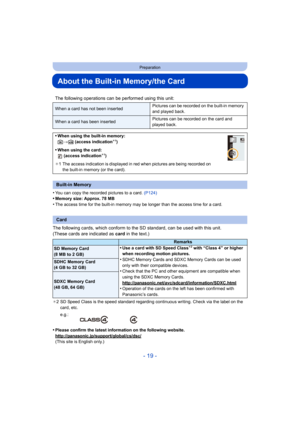 Page 19- 19 -
Preparation
About the Built-in Memory/the Card
•You can copy the recorded pictures to a card. (P124)•Memory size: Approx. 78 MB
•The access time for the built-in memory may be longer than the  access time for a card.
The following cards, which conform to the SD standard, can be u sed with this unit.
(These cards are indicated as  card in the text.)
¢2 SD Speed Class is the speed standard regarding continuous writ ing. Check via the label on the 
card, etc.
•Please confirm the latest information on...