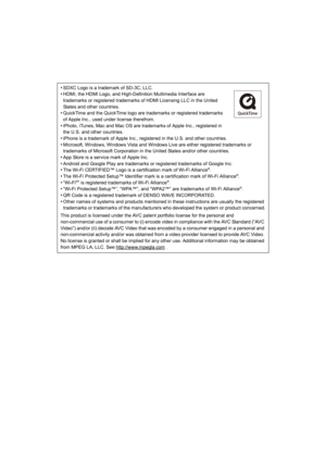 Page 187•SDXC Logo is a trademark of SD-3C, LLC.•HDMI, the HDMI Logo, and High-Definition Multimedia Interface are 
trademarks or registered trademarks of HDMI Licensing LLC in th e United 
States and other countries.
•QuickTime and the QuickTime logo are trademarks or registered t rademarks 
of Apple Inc., used under license therefrom.
•iPhoto, iTunes, Mac and Mac OS are trademarks of Apple Inc., re gistered in 
the U.S. and other countries.
•iPhone is a trademark of Apple Inc., registered in the U.S. and...