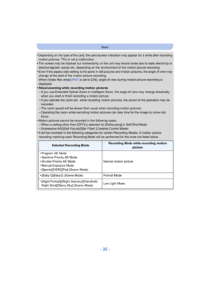 Page 35- 35 -
Basic
•Depending on the type of the card, the card access indication may appear for a while after recording 
motion pictures. This is not a malfunction.
•The screen may be blacked out momentarily, or the unit may reco rd noise due to static electricity or 
electromagnetic waves etc. depending on the environment of the  motion picture recording.
•Even if the aspect ratio setting is the same in still pictures and motion pictures, the angle of view  may 
change at the start of the motion picture...