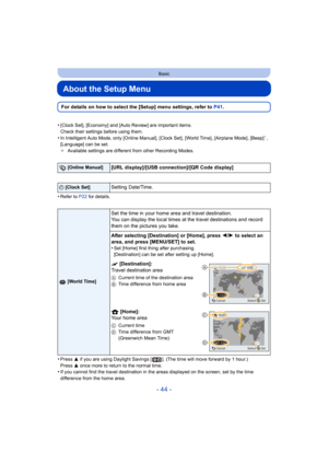 Page 44- 44 -
Basic
About the Setup Menu
For details on how to select the [Setup] menu settings, refer to P41 .
•
[Clock Set], [Economy] and [Auto Review] are important items.
Check their settings before using them.
•In Intelligent Auto Mode, only [Online Manual], [Clock Set], [Wo rld Time], [Airplane Mode], [Beep]¢, 
[Language] can be set.
¢ Available settings are different from other Recording Modes.
•Refer to  P22 for details.
•Press  3 if you are using Daylight Sav ings [ ]. (The time will move forward by 1...