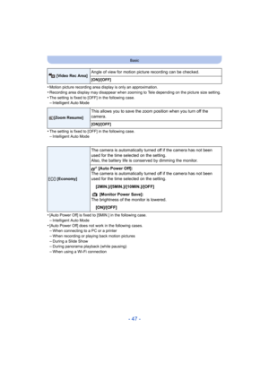 Page 47- 47 -
Basic
•Motion picture recording area display is only an approximation.
•Recording area display may disappear when zooming to Tele depending on the picture size setting.•The setting is fixed to [OFF] in the following case.–Intelligent Auto Mode
•The setting is fixed to [OFF] in the following case.–Intelligent Auto Mode
•[Auto Power Off] is fixed to [5MIN.] in the following case.
–Intelligent Auto Mode•[Auto Power Off] does not work in the following cases.–When connecting to a PC or a printer
–When...