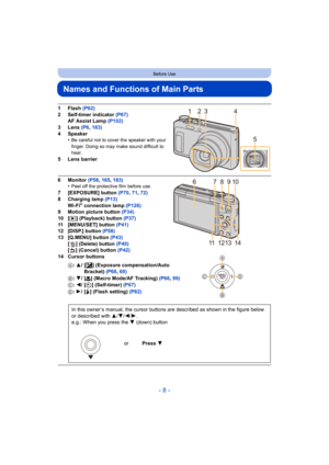 Page 8- 8 -
Before Use
Names and Functions of Main Parts
1 Flash (P62)
2 Self-timer indicator  (P67)
AF Assist Lamp  (P102)
3 Lens  (P6, 183)
4 Speaker •
Be careful not to cover the speaker with your 
finger. Doing so may make sound difficult to 
hear.
5 Lens barrier
6 Monitor (P58 , 165,  183)
•Peel off the protective film before use.
7 [EXPOSURE] button  (P70, 71 , 72)
8Charging lamp  (P13)
Wi-Fi
® connection lamp  (P126)
9 Motion picture button  (P34)
10 [ (] (Playback) button  (P37)
11 [MENU/SET] button...