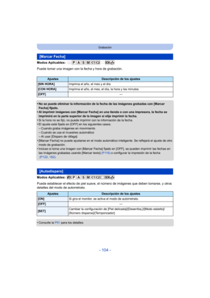 Page 104- 104 -
Grabación
Modos Aplicables: 
Puede tomar una imagen con la fecha y hora de grabación.
•
No se puede eliminar la información de la fecha de las imágenes grabadas con [Marcar 
Fecha] fijado.
•Al imprimir imágenes con [Marcar Fecha] en una tienda o con una impresora, la fecha se 
imprimirá en la parte superior de la imagen si elije imprimir la fecha.
•Si la hora no se fijó, no puede imprimir con la información de la fecha.•El ajuste está fijado en [OFF] en los siguientes casos.–Cuando graba imágenes...