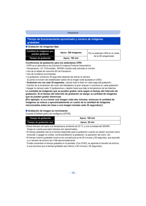Page 16- 16 -
Preparación
∫Grabación de imágenes fijas
Condiciones de grabación para los estándares CIPA
•
CIPA es la abreviatura de [Camera & Imaging Products Association].•Temperatura: 23 oC/Humedad: 50%RH cuando está activado el monitor.
•Uso de la tarjeta de memoria SD de Panasonic.•Uso de la batería suministrada.•La grabación comienza 30 segundos después de activar la cámara.
(Cuando la función del estabilizador óptico de la imagen está ajustada en [ON].)
•Grabando una vez cada 30 segundos , usando todo el...
