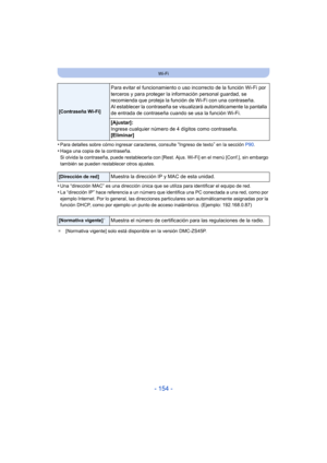 Page 154- 154 -
Wi-Fi
•Para detalles sobre cómo ingresar caracteres, consulte “Ingreso de texto” en la sección P90.
•Haga una copia de la contraseña. 
Si olvida la contraseña, puede restablecerla con [R est. Ajus. Wi-Fi] en el menú [Conf.], sin embargo 
también se pueden restablecer otros ajustes.
•Una “dirección MAC” es una dire cción única que se utiliza para identificar el equipo de red.
•La “dirección IP” hace referencia a un número que identifica una PC conectada a una red, como por 
ejemplo Internet. Por...