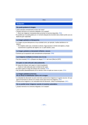 Page 171- 171 -
Otros
•¿Está colocado correctamente el disco del modo?
•¿Queda memoria en la memoria integrada o en la tarjeta?
>Borre las imágenes innecesarias para aumentar la memoria disponible.  (P40)
•Es posible que no pueda grabar por un momento después de encender esta unidad cuando usa una 
tarjeta de gran capacidad.
•La imagen se pone blanquecina si hay suciedad como, por ejemplo, huellas dactilares en el 
objetivo.
>Si el objetivo está sucio, encienda la cámara, haga expulsar el cilindro del objetivo y...