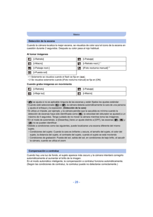 Page 28- 28 -
Básico
Cuando la cámara localiza la mejor escena, se visualiza de color azul el icono de la escena en 
cuestión durante 2 segundos. Después su color pasa al rojo habitual.
Al tomar imágenes
Cuando graba imágenes en movimiento
•
[ ¦ ] se ajusta si no es aplicable ninguna de las escenas y están fijados los ajustes estándar.•Cuando esté seleccionado [ ] o [ ], la cámara detecta automáticamente la cara de una persona 
y ajusta el enfoque y la exposición.  (Detección de la cara)
•Si utiliza un trípode,...