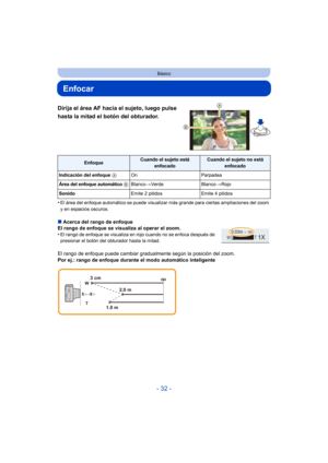 Page 32- 32 -
Básico
Enfocar
Dirija el área AF hacia el sujeto, luego pulse 
hasta la mitad el botón del obturador.
•El área del enfoque automático se puede visualizar más grande para ciertas ampliaciones del zoom 
y en espacios oscuros.
∫Acerca del rango de enfoque
El rango de enfoque se visualiza al operar el zoom.
•
El rango de enfoque se visualiza en rojo cuando no se enfoca después de 
presionar el botón del obturador hasta la mitad.
El rango de enfoque puede cambiar gradualmente según la posición del...