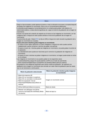 Page 35- 35 -
Básico
•Según el tipo de tarjeta, puede aparecer durante un rato la indicación de acceso a la tarjeta después 
de grabar las imágenes en movimiento. Esto no es un funcionamiento defectuoso.
•La pantalla puede apagarse momentáneamente o la unidad puede grabar ruido debido a la 
electricidad estática u ondas electromagnéticas etc. según el entorno de grabación de la imagen en 
movimiento.
•Incluso si el ajuste de la relación de aspecto es el mismo en las imágenes en movimiento y en las 
imágenes...