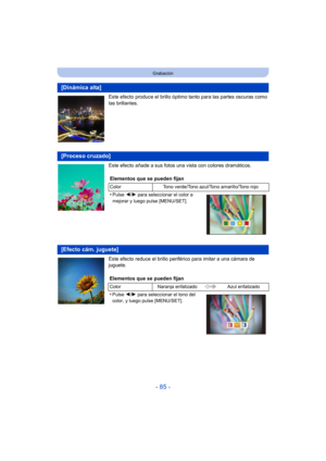 Page 85- 85 -
Grabación
Este efecto produce el brillo óptimo tanto para las partes oscuras como 
las brillantes.
Este efecto añade a sus fotos una vista con colores dramáticos.
Este efecto reduce el brillo periférico para imitar a una cámara de 
juguete.
[Dinámica alta]
[Proceso cruzado]
Elementos que se pueden fijan
Color Tono verde/Tono azul/Tono amarillo/Tono rojo
•Pulse 2/1 para seleccionar el color a 
mejorar y luego pulse [MENU/SET].
[Efecto cám. juguete]
Elementos que se pueden fijan
Color Naranja...