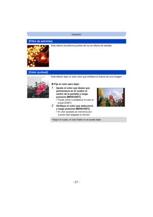 Page 87- 87 -
Grabación
Este efecto transforma puntos de luz en efecto de estrella.
Este efecto deja un solo color que enfatiza la fuerza de una imagen.
[Filtro de estrellas]
[Color puntual]
∫Fije el color para dejar
1Ajuste el color que desea que 
permanezca en el cuadro al 
centro de la pantalla y luego 
presione [MENU/SET].
•
Puede volver a establecer el color al 
pulsar [DISP.].
2Verifique el color que seleccionó 
y luego presione [MENU/SET].
•
El color ajustado se memoriza aún 
cuando esté apagada la...
