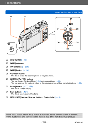 Page 13Preparations
Names and Functions of Main PartsSQW0195
- 13 -
22Strap eyelet (→16)
25 [Wi-Fi] antenna
26 NFC antenna (→201)
27 [Wi-Fi] button  (→190)
28 Playback button
Use this to select the recording mode or playback mode.
29
[Q.MENU/ ] / [] buttonYou can display the Quick Menu  (→34) and erase pictures (→59). 
You can also use this button to return to the previous screen while a menu is displayed  (→61).
30[DISP.] button  (→77, 159)Use this to change display.
31[Fn1] button  (→134)Use this to use...