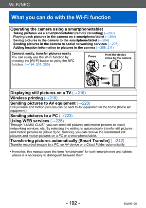 Page 192Wi-Fi/NFC
What you can do with the Wi-Fi function
SQW0195- 192 -
Operating the camera using a smartphone/tabletTaking pictures via a smartphone/tablet (remote recording) (→203)
Playing back pictures in the camera on a smartphone/tablet  (→204)
Saving pictures in the camera to the smartphone/tablet  (→204)
Sending pictures in the camera to social networking services  (→207)
Adding location information to pictures in the camera  (→208, 211)
Connect easily, transfer pictures easily
You can easily use the...