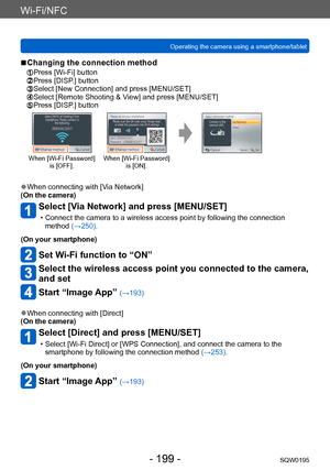 Page 199Wi-Fi/NFC
Operating the camera using a smartphone/tabletSQW0195
- 199 -
 ■Changing the connection method
  Press [Wi-Fi] button  Press [DISP.] button  Select [New Connection] and press [MENU/SET]  Select [Remote Shooting & View] and press [MENU/SET]  Press [DISP.] button
When [Wi-Fi Password] 
is [OFF]. When [Wi-Fi Password] 
is [ON].
 ●When connecting with [Via Network]
(On the camera)
Select [Via Network] and press [MENU/SET]
 • Connect the camera to a wireless access point by following the connection...