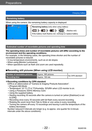 Page 22Preparations
Charging batterySQW0195
- 22 -
Remaining battery
When using the camera, the remaining battery capacity is displayed.
Remaining battery (only when using battery)
(flashes red)
If the battery mark flashes red, recharge or replace battery.
Estimated number of recordable pictures and operating time
The operating times and number of recordable pictures will differ according to the 
environment and the operating conditions.
For example, in the following cases, the operating times shorten and the...