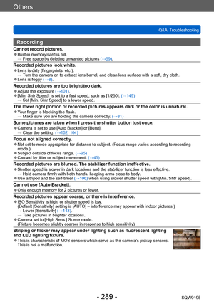 Page 289Others
Q&A  TroubleshootingSQW0195
- 289 -
Recording
Cannot record pictures. ●Built-in memory/card is full. →  Free space by deleting unwanted pictures  (→59).
Recorded pictures look white. ●Lens is dirty (fingerprints, etc.). →  Turn the camera on to extract lens barrel, and clean lens surface with a soft, dry cloth.
 ●Lens is foggy (→8).
Recorded pictures are too bright/too dark. ●Adjust the exposure  (→101). ●[Min. Shtr Speed] is set to a fast speed, such as [1/250].  (→149) →  Set [Min. Shtr Speed]...