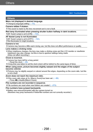 Page 298Others
Q&A  TroubleshootingSQW0195
- 298 -
Others
Menu not displayed in desired language. ●Change [Language] setting  (→75).
Camera rattles if shaken. ●This sound is made by the lens movement and is not a fault.
Red lamp illuminated when pressing shutter button halfway in dark locations. ●[AF Assist Lamp] is set to [ON]  (→152).
AF Assist Lamp is not illuminated. ●[AF Assist Lamp] is set to [OFF]  (→152). ●Not illuminated in bright locations.
Camera is hot. ●Camera may become a little warm during use,...