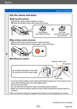 Page 31Basics
Sequence of operationsSQW0195
- 31 -
3
Aim the camera and shoot
 ■Taking still pictures
 Press the shutter button halfway to focus  Press the shutter button fully to take the picture
Press halfway
(press lightly to focus) Press fully
(press the button all the  way to record)
 ■Recording motion pictures
  Press the motion picture button to start recording  Press the motion picture button again to end recording
 ■Holding the camera
Do not block the flash or the lamp. 
Do not look at it from close...