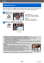 Page 48Basics
Adjusting focus
SQW0195- 48 -
When [AF Mode] is set to [  ] (1-area-focusing), focus on the AF area in the center of the 
picture. If a subject you want to record is not in the center , follow the steps below.
Adjust focus according to subject
Align the AF area 
with the subject
Hold down halfway
Focus display
( When focus is aligned: illuminated 
When focus is not aligned: flashing)
AF area
(
 When focus is aligned: green 
When focus is not aligned: red)
Return to desired composition
Press fully...