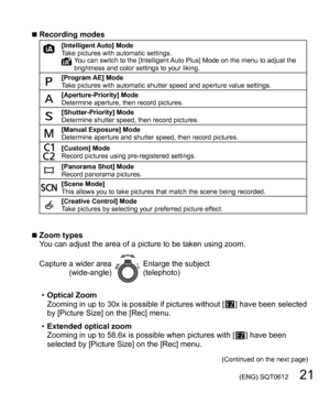 Page 21 (ENG) SQT0612   21
  ■Recording modes[Intelligent Auto] Mode
Take pictures with automatic settings.
You can switch to the [Intelligent Auto Plus] Mode on the menu to adjust the 
brightness and color settings to your liking.
[Program AE] Mode
Take pictures with automatic shutter speed and aperture value settings.
[Aperture-Priority] Mode
Determine aperture, then record pictures.
[Shutter-Priority] Mode
Determine shutter speed, then record pictures.
[Manual Exposure] Mode
Determine aperture and shutter...