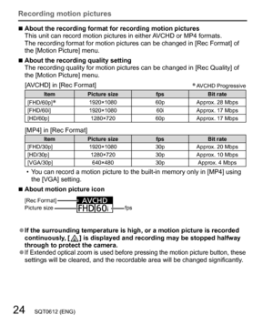 Page 2424   SQT0612 (ENG)
Recording motion pictures
  ■About the recording format for recording motion pictures
This unit can record motion pictures in either AVCHD or MP4 formats.
The recording format for motion pictures can be changed in [Rec Format] of 
the [Motion Picture] menu.
  ■About the recording quality setting
The recording quality for motion pictures can be changed in [Rec Quality] of 
the [Motion Picture] menu.
[AVCHD] in [Rec Format]∗ AVCHD  Progressive
Item Picture size fps Bit rate
[FHD/60p]...