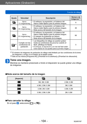 Page 104Aplicaciones (Grabación)
Función de ráfagaSQW0197
- 104 -
Ajuste Velocidad DescripciónNúmero de 
imágenes*1
Aprox. 
10
 
imágenes/seg. • El enfoque, la exposición y el balance del  blanco están fijados para la primera imagen. 6
Aprox. 
40
 
imágenes/seg. • El enfoque, la exposición y el balance del  blanco están fijados para la primera imagen.
 • Nota acerca del tamaño de la imagen. 30
Aprox. 
60
 
imágenes/seg. • El enfoque, la exposición y el balance del  blanco están fijados para la primera imagen.
 •...