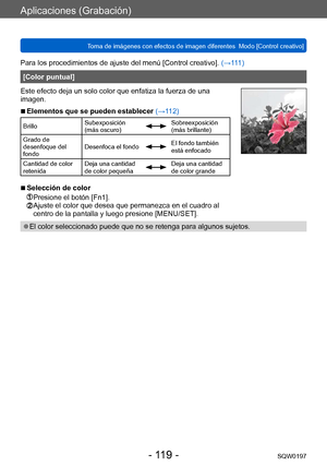 Page 119Aplicaciones (Grabación)
Toma de imágenes con efectos de imagen diferentes  Modo [Control creativo]SQW0197
- 119 -
Para los procedimientos de ajuste del menú [Control creativo]. (→111)
[Color puntual]
Este efecto deja un solo color que enfatiza la fuerza de una 
imagen.
 ■Elementos que se pueden establecer (→112)
Brillo Subexposición 
(más oscuro)Sobreexposición 
(más brillante)
Grado de 
desenfoque del 
fondo Desenfoca el fondo
El fondo también 
está enfocado
Cantidad de color 
retenida Deja una...