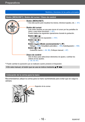 Page 16Preparativos
Nombres y funciones de las partes principalesSQW0197
- 16 -
Botón [MENU/SET] / Botón del cursor / Disco de control
Botón [MENU/SET] • Use esta opción para visualizar los menús, introducir ajustes, etc.  (→61)
Botón del cursorEste botón también se usa para mover el cursor por las pantallas de 
menú y para otras funciones. (→61)
Puede realizar las siguientes operaciones durante la grabación.
Botón [  ] (   )Compensación de exposición  (→101)Botón [  ] (  )Flash (→86)Botón [  ] (Modo...