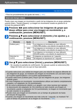 Page 180Aplicaciones (Vista)
Uso del menú [Reproducir]SQW0197
- 180 -
 • Para los procedimientos de ajuste del menú.  (→ 61)
[Intervalo tiempo-vídeo]
Puede crear una imagen en movimiento a partir de las imágenes de un grupo grabadas 
usando [Interv. Tiempo-Disparo]. La imagen en movimiento creada se guarda en el 
formato de grabación MP4.
Presione   para seleccionar las imágenes de grupo que 
desee utilizar para crear una imagen en movimiento y, a 
continuación, presione [MENU/SET].
Presione   para seleccionar...