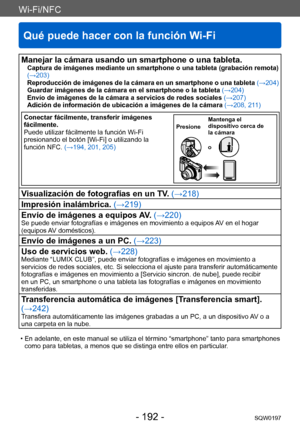 Page 192Wi-Fi/NFC
Qué puede hacer con la función Wi-Fi
SQW0197- 192 -
Manejar la cámara usando un smartphone o una tableta.Captura de imágenes mediante un smartphone o una tableta (grabación remota) 
(→203)
Reproducción de imágenes de la cámara en un smartphone o una tableta (→204)
Guardar imágenes de la cámara en el smartphone o la tableta (→204)
Envío de imágenes de la cámara a servicios de redes sociales (→207)
Adición de información de ubicación a imágenes de la cámara  (→208, 211)
Conectar fácilmente,...