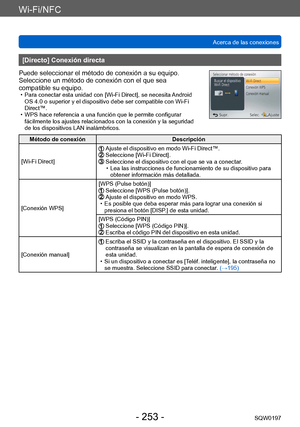 Page 253Wi-Fi/NFC
Acerca de las conexionesSQW0197
- 253 -
[Directo] Conexión directa
Puede seleccionar el método de conexión a su equipo. 
Seleccione un método de conexión con el que sea 
compatible su equipo.
 • Para conectar esta unidad con [Wi-Fi Direct], se necesita  Android 
OS 4.0 o superior y el dispositivo debe ser compatible con Wi-Fi 
Direct™.
 • WPS hace referencia a una función que le permite configurar  fácilmente los ajustes relacionados con la conexión y la seguridad 
de los dispositivos LAN...