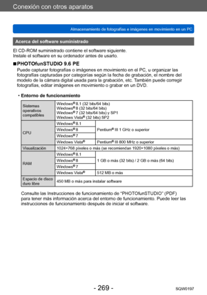 Page 269Conexión con otros aparatos
Almacenamiento de fotografías e imágenes en movimiento en un PCSQW0197
- 269 -
Acerca del software suministrado
El CD-ROM suministrado contiene el software siguiente.
Instale el software en su ordenador antes de usarlo.
 ■PHOTOfunSTUDIO 9.6 PE
Puede capturar fotografías o imágenes en movimiento en el PC, u organizar las 
fotografías capturadas por categorías según la fecha de grabación, el nombre del 
modelo de la cámara digital usada para la grabación, etc. También puede...