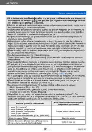 Page 51Lo básico
Toma de imágenes en movimientoSQW0197
- 51 -
 ●Si la temperatura ambiental es alta, o si se graba continuamente una imagen en 
movimiento, se muestra [   ] y es posible que la grabación se dete nga a mitad 
del proceso para proteger la cámara.
 ●Cuando se utiliza el zoom mientras se graban imágenes en movimiento, puede que el 
enfoque tarde algún tiempo en realizarse. 
 ●Dependiendo del ambiente existente cuando se graban imágenes en movimiento, la 
pantalla puede ponerse negra durante un...