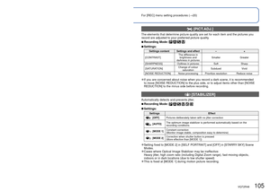 Page 105104   VQT2R48VQT2R48   105
For [REC] menu setting procedures (→20)Using the [REC] menu (Continued)
  [PICT.ADJ.]
The elements that determine picture quality are set for each item and th\
e pictures you 
record are adjusted to your preferred picture quality. 
 
■Recording Mode:    
 
■Settings:
Settings content Settings and effect  –+
[CONTRAST] The difference in 
brightness and 
darkness in pictures  Smaller
Greater
[SHARPNESS] Outlines in pictures  Soft Sharp 
[SATURATION] Change of colour 
saturation...