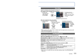 Page 111110   VQT2R48VQT2R48   111
 
Taking/viewing clipboard pictures 
[CLIPBOARD] Mode
Mode: 
Set to  
Set to  
Take a clipboard picture
Press halfway 
(press lightly to focus)Press fully 
(press the button all the  way to record)
Viewing clipboard pictures 
Set REC/PLAY switch to 
Set mode dial to  
●Can be viewed with same operations as with pictures taken in other modes\
 ( →44). 
(30-picture and calendar displays cannot be used.)
 
■To delete clipboard pictures     Press  in step  above. (→45)
 
■If...