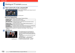 Page 150150   VQT2R48VQT2R48   151
Viewing on TV screen (Continued)
The DMC-TZ8/DMC-ZS5 does not support VIERA Link.
Select a picture with ▲▼◄►, and press [OK]
 • When operating, refer to the VIERA Link operating panel.
Types of pictures displayed (switch between them with 
the red button) 
Operating panel 
 
■Switching Playback Mode 
You can press [OPTION] to switch between Playback Modes. 
[NORMAL PLAY]  Plays back all subject pictures.
[SLIDE SHOW] Plays back pictures as a Slide Show. 
[GPS AREA PLAY] Plays...