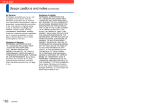 Page 166166   VQT2R48VQT2R48   167
Usage cautions and notes (Continued)
No Warranty.
This Data is provided to you “as is,” and 
you agree to use it at your own risk. 
Panasonic Corporation and its licensors 
(and their licensors and suppliers) make no 
guarantees, representations or warranties 
of any kind, express or implied, arising 
by law or otherwise, including but not 
limited to, content, quality, accuracy, 
completeness, effectiveness, reliability, 
fitness for a particular purpose, usefulness, 
use or...