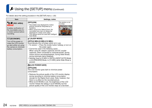 Page 2424   VQT2R48VQT2R48   25
For details about the setting procedure in the [SETUP] menu (→20) Using the [SETUP] menu (Continued)
  [REC AREA]
Enables verification of 
the recordable area for 
a motion picture before 
recording.[OFF]/[ON]
 • Recordable area displayed for motion 
pictures should be interpreted as a 
Guideline.
 • When using Extra Optical Zoom, the  recordable area may not always be 
displayed for certain zoom ratios.
 • This setting cannot be used with Intelligent  Auto Mode. This section is...