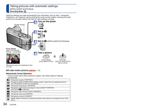 Page 3434   VQT2R48VQT2R48   35
 
Taking pictures with automatic settings
[INTELLIGENT AUTO] Mode
Recording Mode: 
 
■To use flash 
Select either  (Auto) or  (Forced Flash Off).
 • When  is used, ,  (Auto/Red-Eye Reduction),  (Slow Sync./Red-Eye Reduction) and  (Slow 
Sync.) are selected automatically according to the subject 
type and brightness. For details ( →47).
 •
 and  indicate that digital red-eye correction is 
activated.
 • The shutter speed is slower in 
 and .
 
●Focus range (→51). 
●The following...