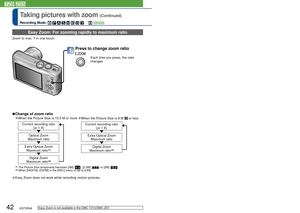 Page 4242   VQT2R48VQT2R48   43
Taking pictures with zoom (Continued)
Recording Mode:              
  [DIGITAL ZOOM]
Zoom 4 times further than Optical/Extra Optical Zoom.
(Note that, with Digital Zoom, enlarging will decrease picture quality.)
Display the [REC] menuSelect [ON]
Select [DIGITAL ZOOM]Close the menu
 Easy Zoom: For zooming rapidly to maximum ratio
Zoom to max. T in one touch. 
Press to change zoom ratio 
Each time you press, the ratio 
changes 
 
■Change of zoom ratio
 
●When the Picture Size is...