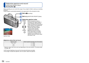 Page 5656   VQT2R48VQT2R48   57
When recording, you can control the range of focus (depth of field) to\
 meet your recording 
purposes.
Shutter speed is automatically adjusted to be appropriate for the set ap\
erture value.
Set to  (recording)
Set to ([APERTURE-PRIORITY] Mode) 
Determine aperture value 
 • When the aperture value is increased, the range of depth in 
focus expands, and the picture 
shows up clearly from the position 
of the camera to the background.
 • When the aperture value is  reduced, the...