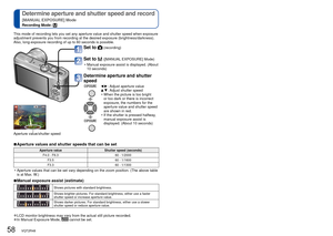 Page 5858   VQT2R48VQT2R48   59
This mode of recording lets you set any aperture value and shutter speed\
 when exposure 
adjustment prevents you from recording at the desired exposure (brightn\
ess/darkness). 
Also, long-exposure recording of up to 60 seconds is possible.
Set to  (recording)
Set to  ([MANUAL EXPOSURE] Mode)
 • Manual exposure assist is displayed. (About  10 seconds)
Determine aperture and shutter 
speed 
◄► : Adjust aperture value
▲▼ : Adjust shutter speed
 • When the picture is too bright  or...